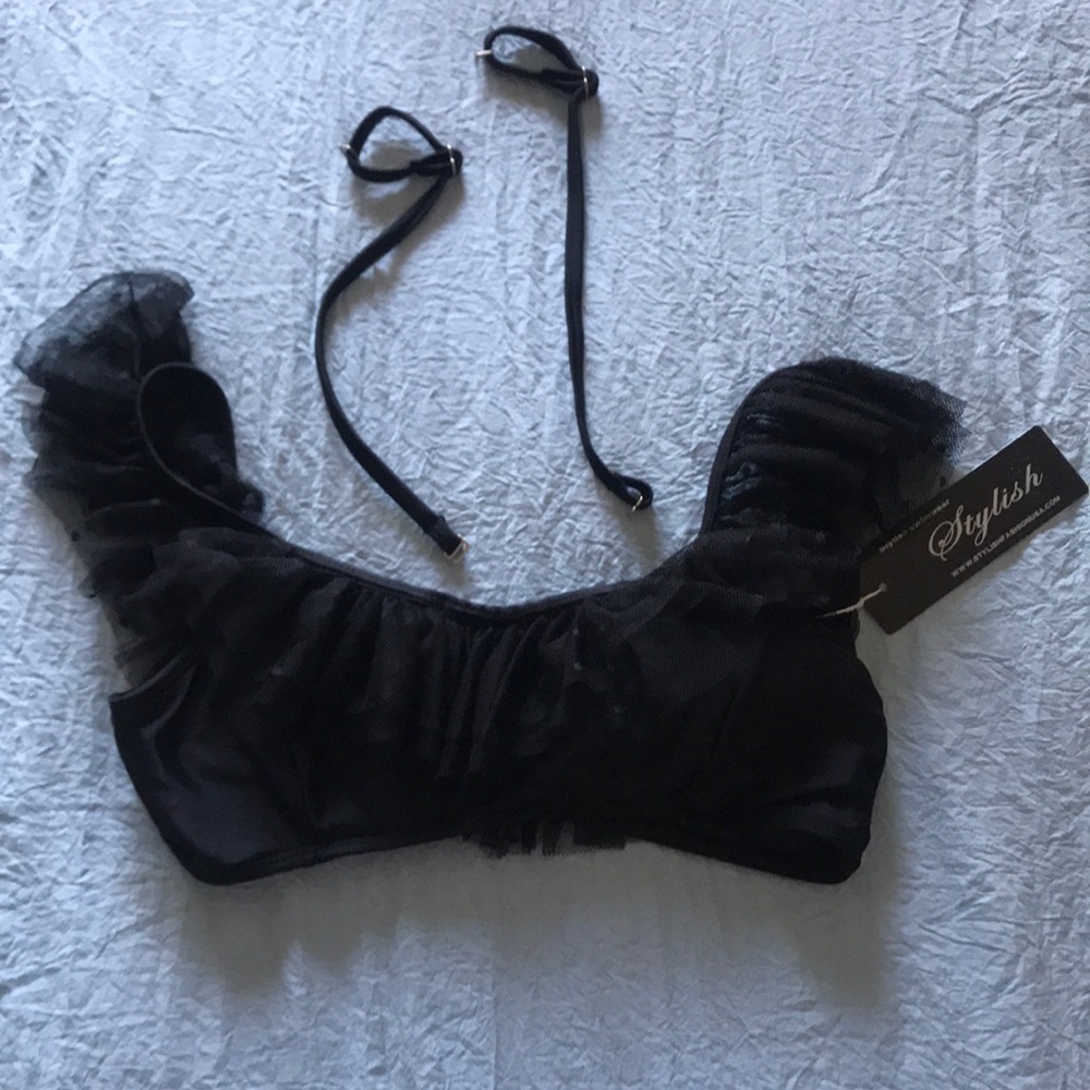 Red Dress boutique black ruffle swimsuit top